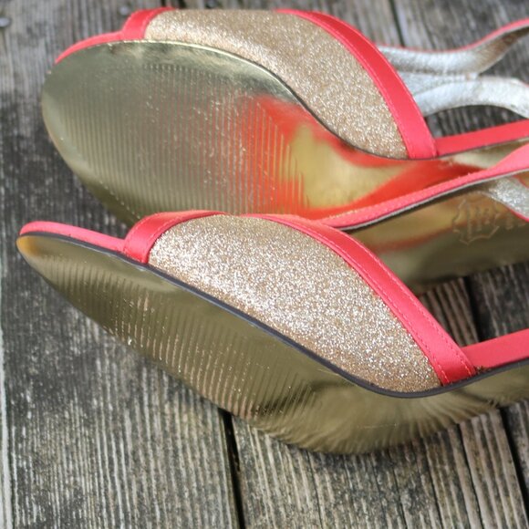 Adrianna Papell Coral & Gold Satin, Leather & Glitter Peep Toe Ankle Strap Heels - Picture 8 of 10